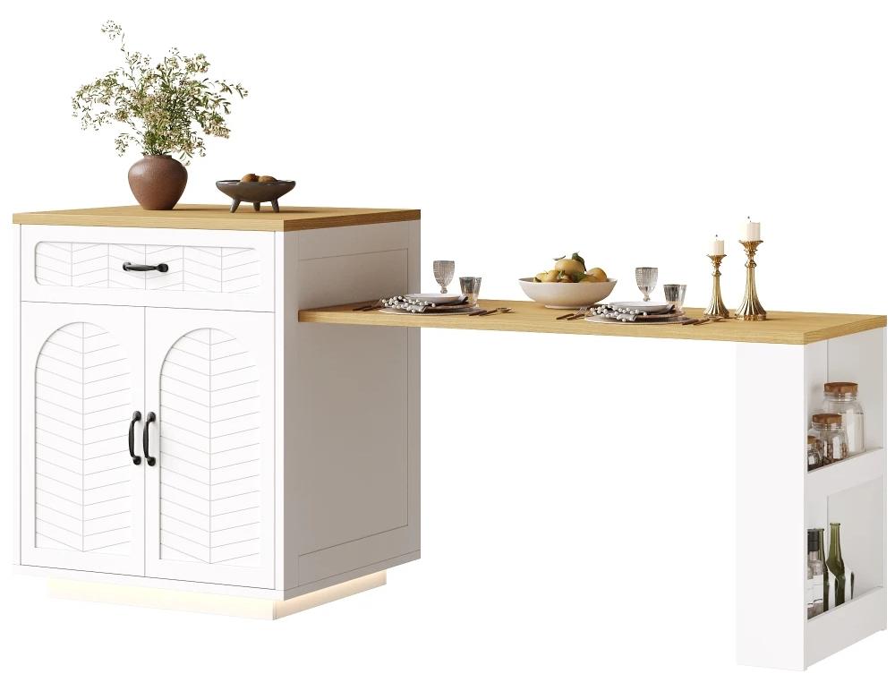 Kücheninsel - Küchen- und Barschrank - LED-Lichtleiste - Ausziehtisch - 2 Schubladen - 4 Türen - Weiß