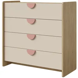 KOMMODE Lena für Kinder und Jugendliche mit 4 Schubladen, 90 cm, Eiche Cremona/Macadamia/Puderrosa