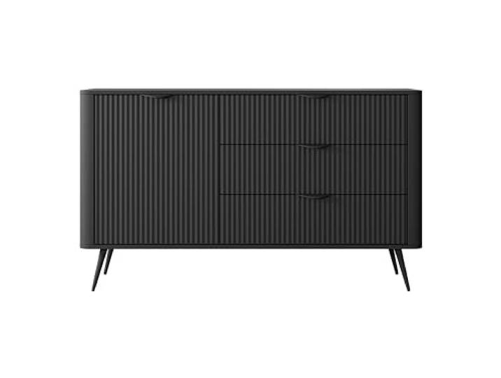 KEF-MEBLE Kommode Lewis 138,2x81,2x38 cm – mit Schrank – DREI Schubladen – Geriffelte Fronten aus MDF – Abgerundete Kanten – Moderne Möbel für Wohnzimmer – Schlafzimmer – Elegant - Schwarz