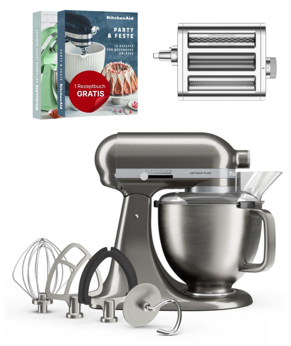 KitchenAid 4,7 L 5KSM50 Artisan Plus Küchenmaschine Pastalover mit 3-in-1 Nudelvorsatz Medaillon Silber