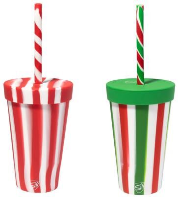 Silipint: Silicone 16 oz Straw Tumbler: Peppermint & Poinsettia - Reusable Unbreakable, Stocking Stuffer, Holiday Gift