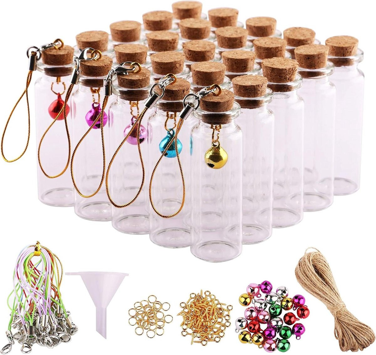 Set van mini glazen wensflesjes met 25 accessoires, 15 ml, helder