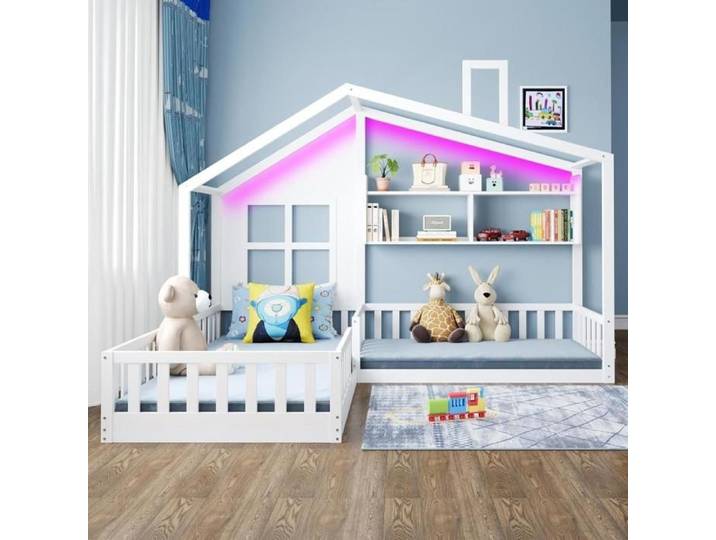 Lit enfant - KOMHTOM - Lit cabane - 90x200 cm - LED intégrée - Rangement étagères