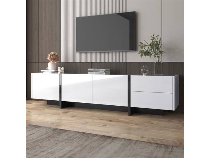Meuble TV - DREAMMESPACE - 190x35x45cm - 3 portes - 2 tiroirs - Brillant blanc et noir