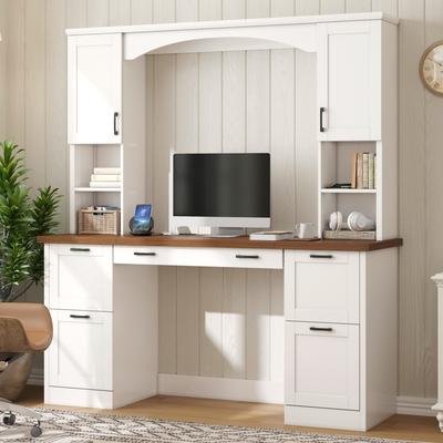Kodotan sofa Farmhouse Arched Computer Desk with Hutch, with Charging Station & Keyboard Tray, All-in-One Writing Desk with File Drawer