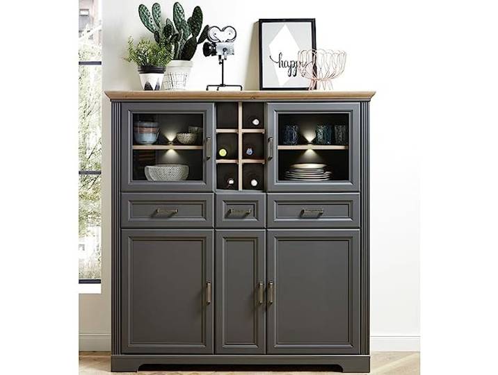 Lomadox Großes Landhaus Highboard in Graphit Grau inkl. LED-Beleuchtung & Flascheneinteilung