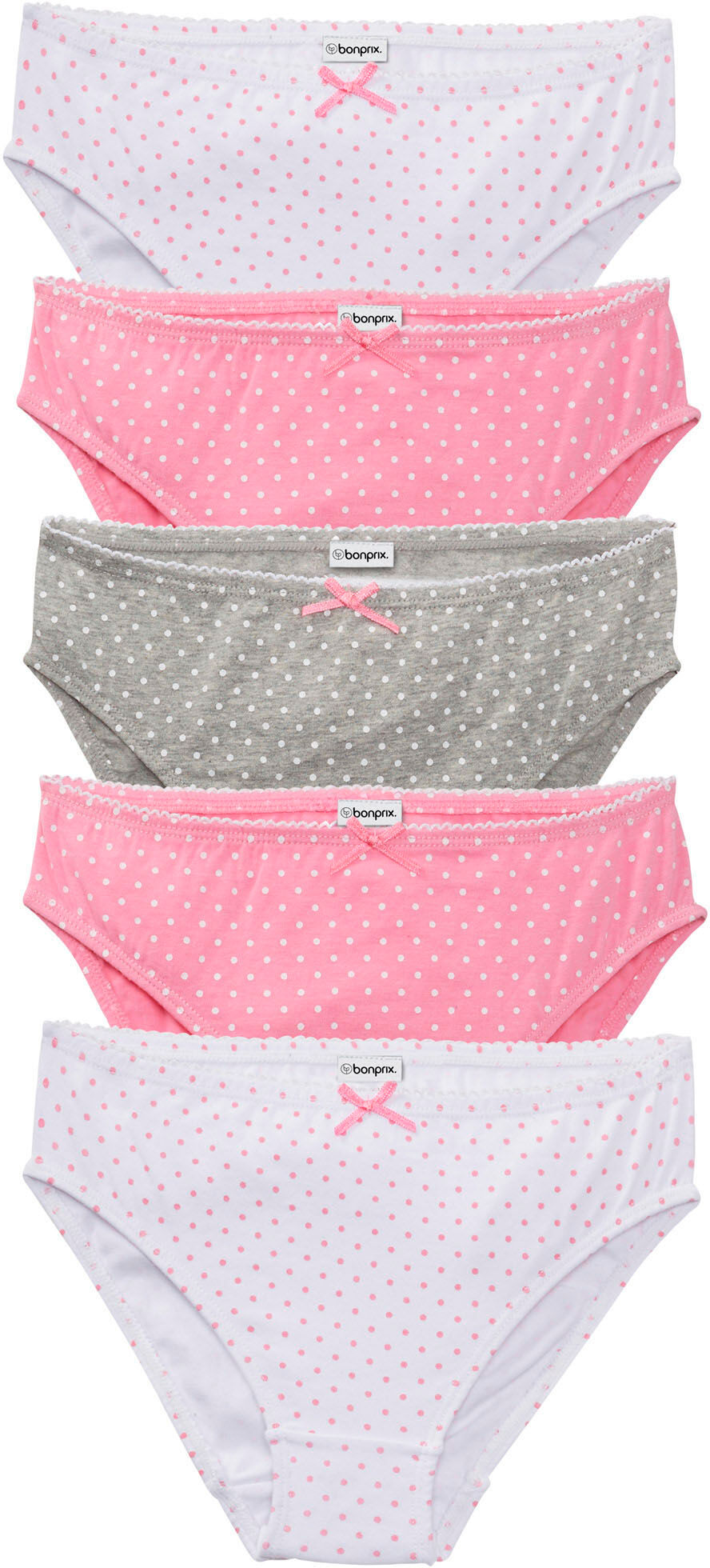Slip BONPRIX, Mädchen, Gr. 128/134, 5 Stk., rosa (rosa, weiß, hellgrau meliert gepunktet), Obermaterial: 95% Baumwolle, 5% Elasthan, Unterhosen Slip, bequeme Passform, aus Baumwolle und Elasthan, 5er-Pack rosa, weiß, hellgrau meliert gepunktet 128/134, 5 