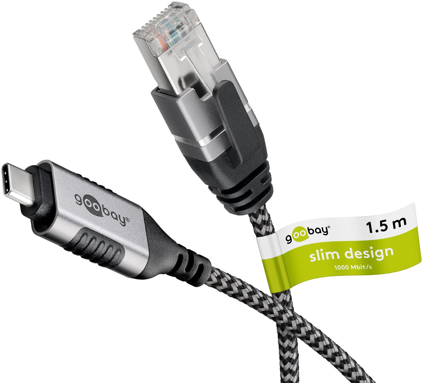 goobay USB-C/RJ45 Kabel 1,5m silber, schwarz 74402