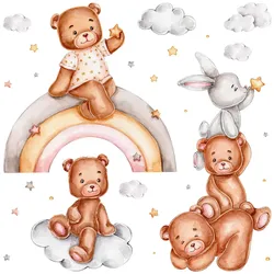 WANDAUFKLEBER 80x116cm - Teddybären und ein Kaninchen auf einem Regenbogen