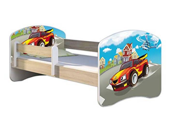 ACMA Kinderbett 160x80 Jugendbett mit Matratze, Farbe Sonoma mit Rausfallschutz Lattenrost II Spielbett Kinderzimmer Möbel, 03 Racing Car