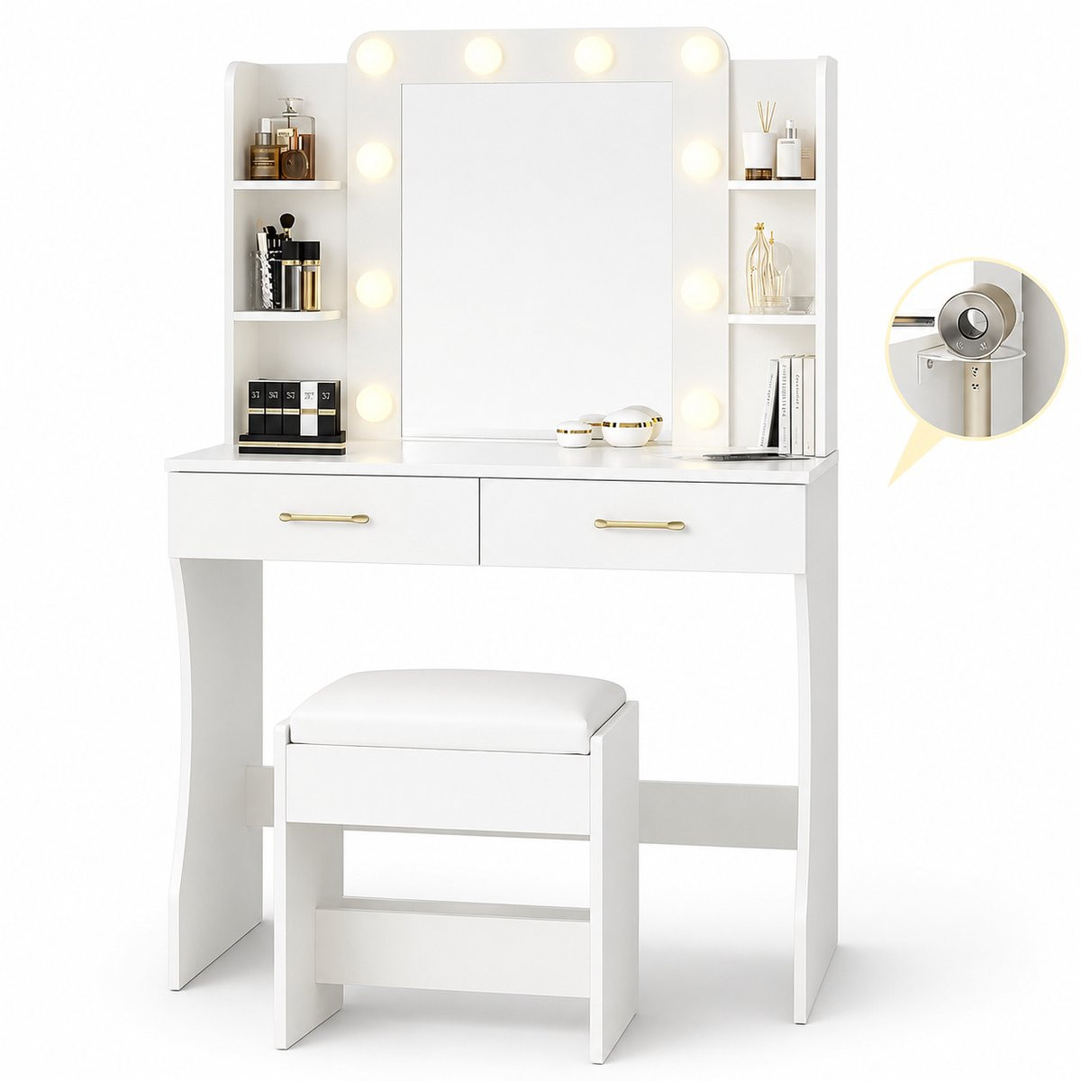 Innovastore Kaptafel met spiegel, LED-verlichting, USB en stopcontact inclusief kruk, B/D/H: 85 x 40 x 136 cm