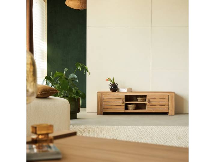 TV Schrank aus massivem Teakholz Minimalys 135 cm - Natur