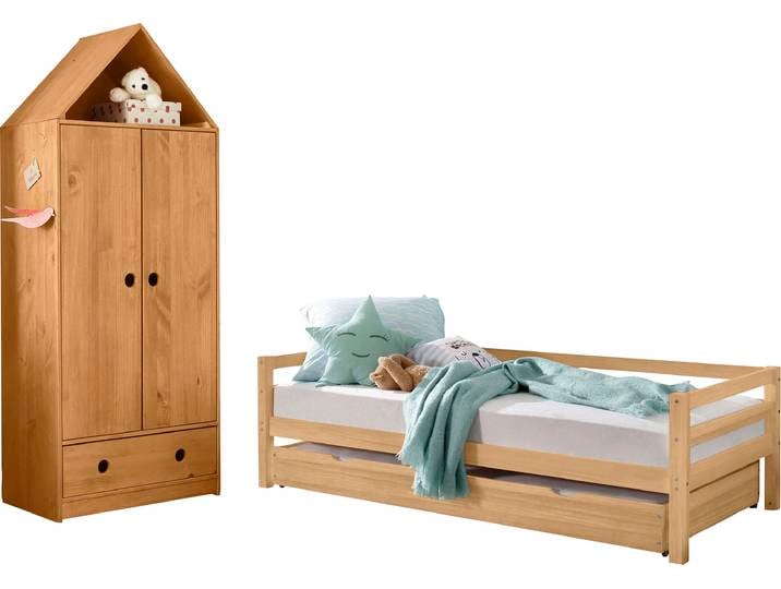 Jugendzimmer-Set OTTO HOME Alpi , beige (gebeizt, gewachst), Schlafzimmermöbel-Sets, Daybed mit 2. Liegefläche + Kleiderschrank in Hausoptik, platzsparend