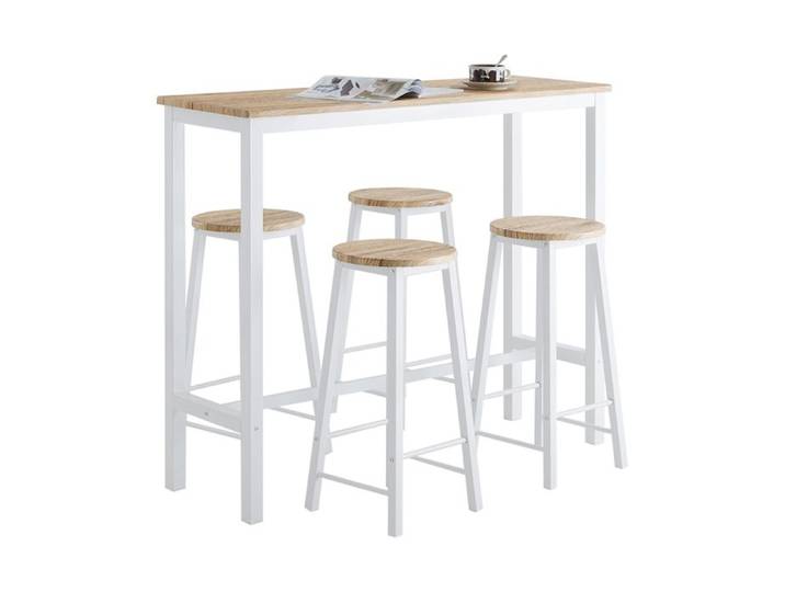 SoBuy Ensemble Table de Bar avec 4 Tabourets Mange-Debout Haute Cuisine Cadre en Acier Blanc et Plateau Effet Bois 120x40x100cm