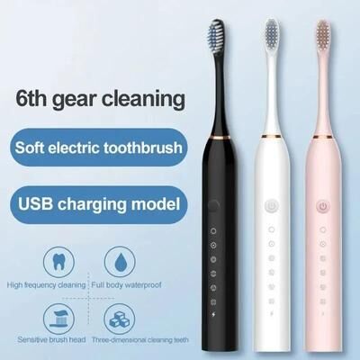Inspired Living Ultrasonic Electric Toothbrush With 6 Cleaning Modes, USB Rechargeable & Waterproof pink 3pcs12 Brushes