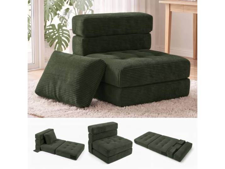 Fabulcozy Wandelbares Sofa 4 in 1, klappbarer Sessel mit Seitentasche, Komfortschaum, Cordbezug, Kissen und Kopfstütze, für Wohnzimmer oder kleine Räume,Grün
