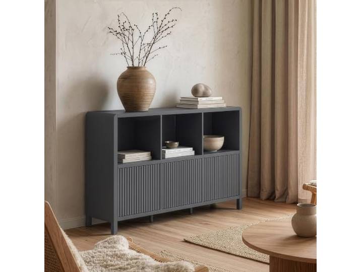 [en.casa] Sideboard Lukkodso mit 3 Türen 77x110x30 cm Grau Wohnzimmerschrank, Push-to-Open, flexibel montierbare Türen, Kommode, mit 6 Fächern