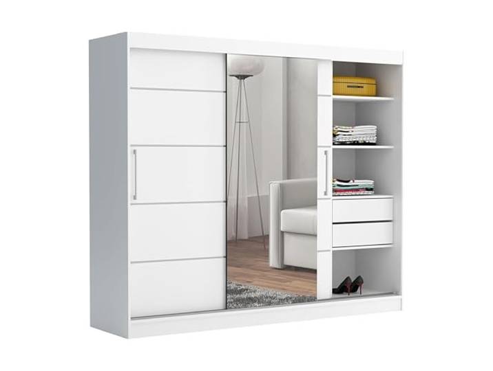 Brent - Kleiderschrank mit Spiegel und Schubladen 235cm Breit Chelsea Tomy, Schwebetürenschrank mit Spiegel, Schlafzimmerschrank, Kleiderschrank Weiß