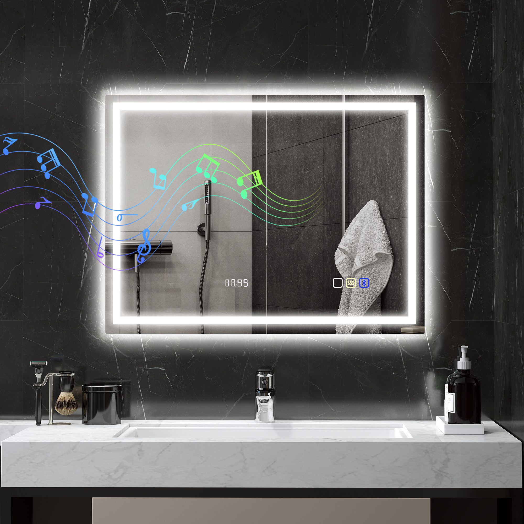Homcom Specchio Bagno Antiappannante con Luce LED Regolabile, Speaker Bluetooth, Pulsanti Touch, 80x60 cm   Aosom Italy