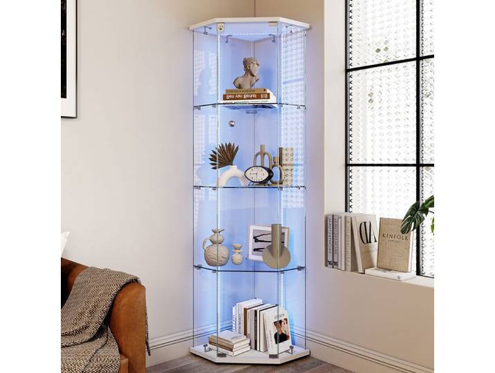 Vitrine en verre - LUMINARIX - Pentagonale - Éclairage LED réglable - Serrure de sécurité - 4 étagères
