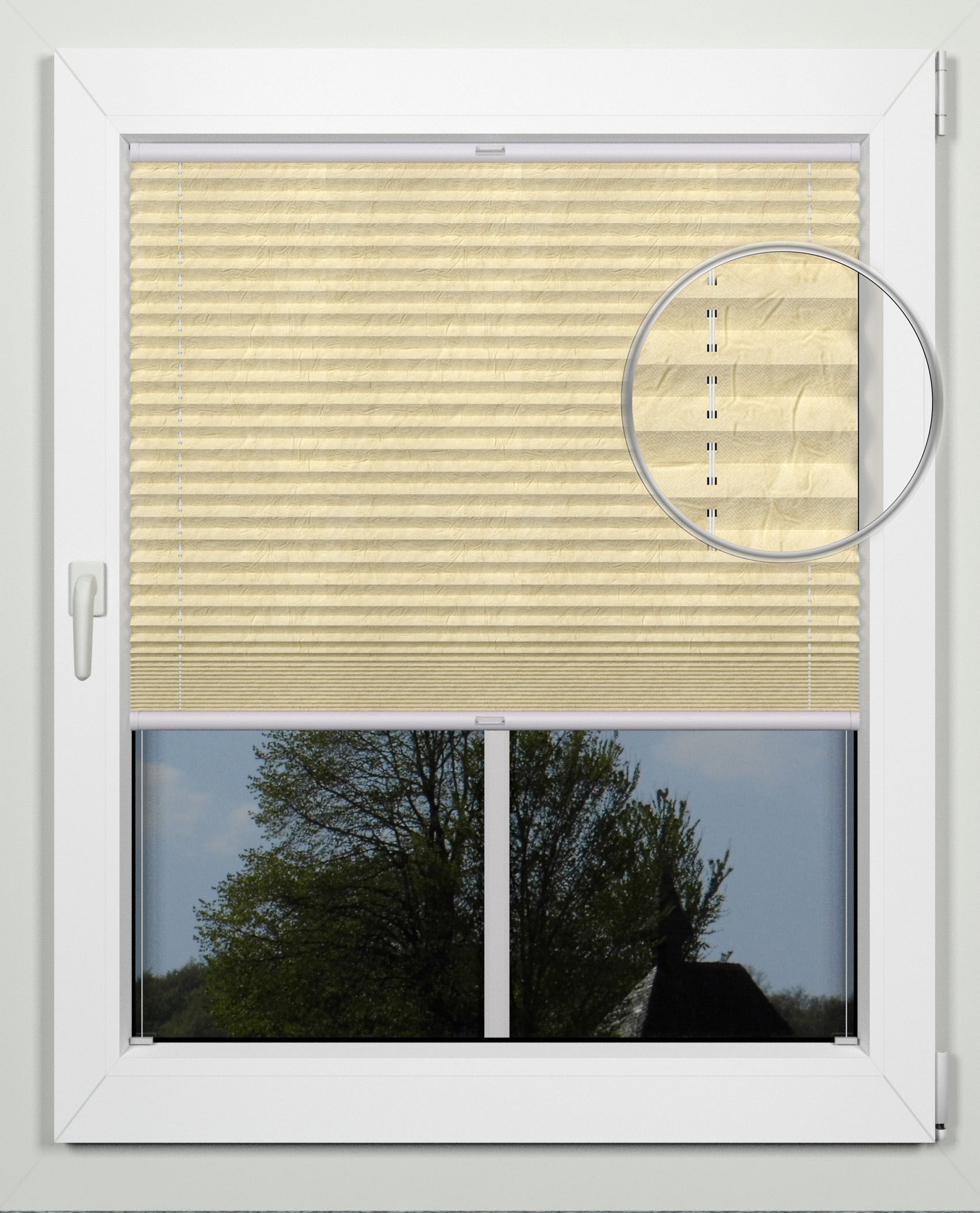 Plissee INDEKO "advanced, mit bohren, Crushed-Optik", beige (sand, weiß), B:109cm H:170cm, Obermaterial: 94% Polyester, 6% sonstige Fasern, Plissees, Crushed-Optik, nach Maß