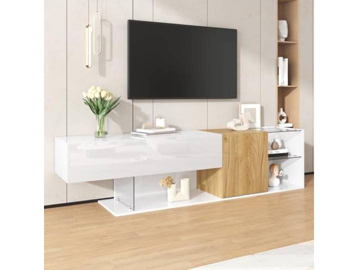 TV-Kommode in Hochglanz, TV Board mit Türen und Klappschubladen, Lowboard mit Offene Fächer, Fernseher Kommode für Fernseher 80 Zoll, Fernseherschrank für Wohnzimmer, Schlafzimmer, Weiß, 180x38x48cm