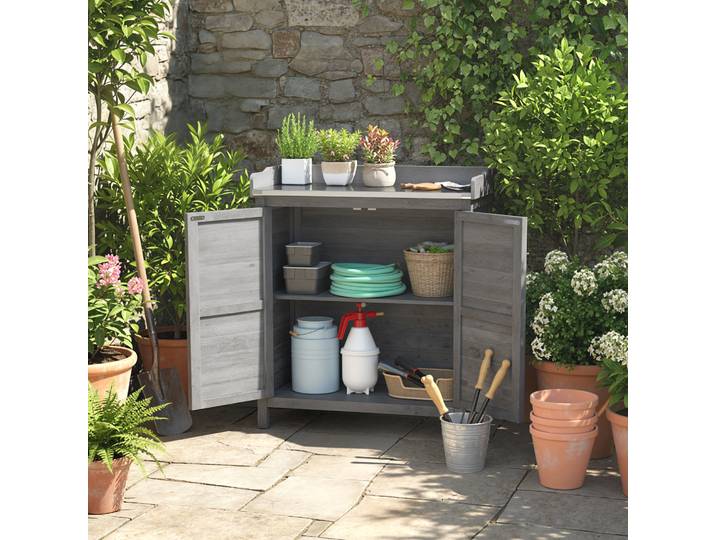 Outsunny Armoire Jardin Bois Gris avec Table et 2 Étagères