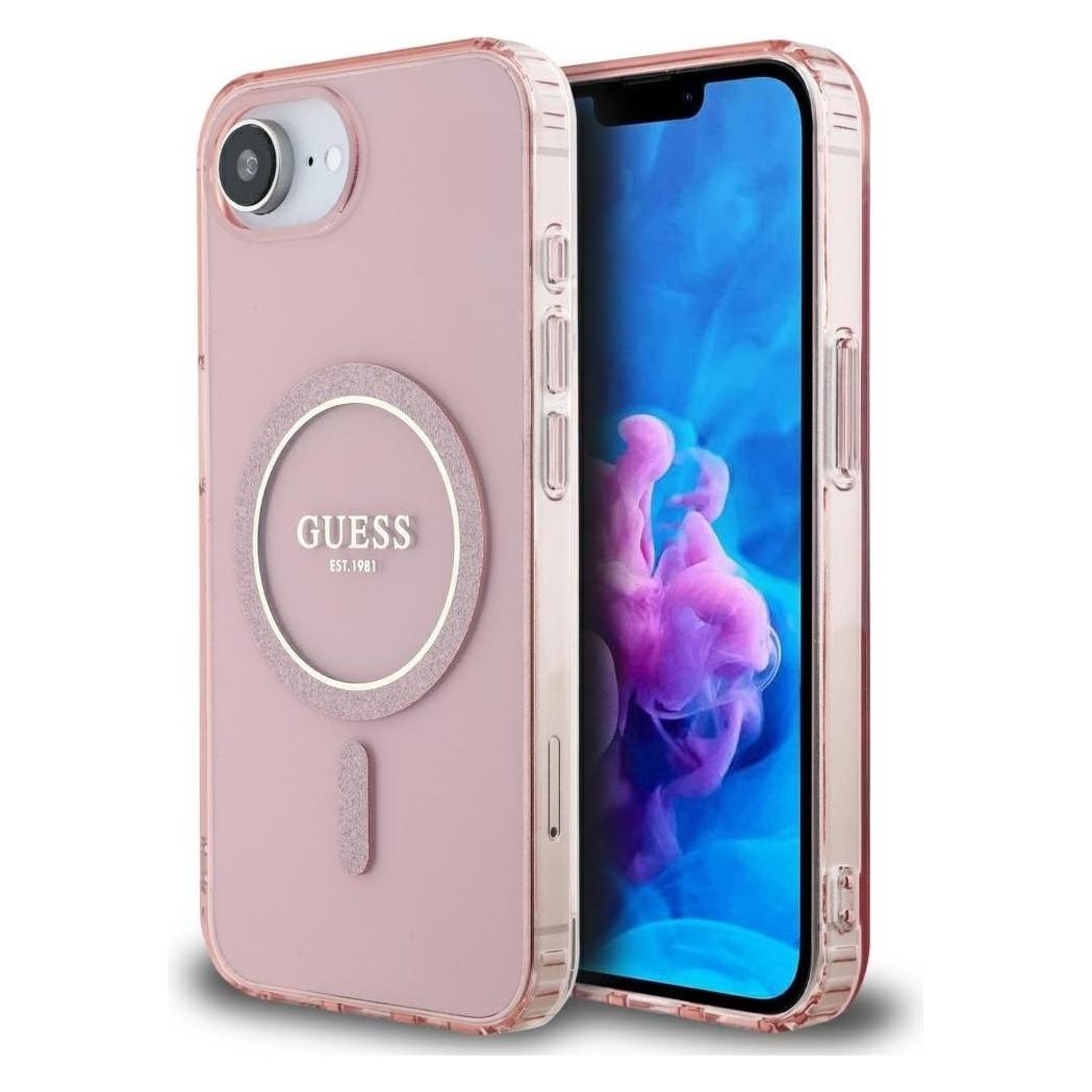 Guess Case IML Glitter Circle MagSafe for iPhone 16e pink (Apple iPhone 16e, Apple iPhone 17e) (GUE004567-0)