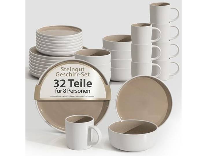 Hausfelder Steingut Geschirrset 8 Personen, 32-teilig, Shadow Stone Tafelservice mit Tellern, Schalen und Bechern, modern, spülmaschinenfest, Farbe Shadow Stone