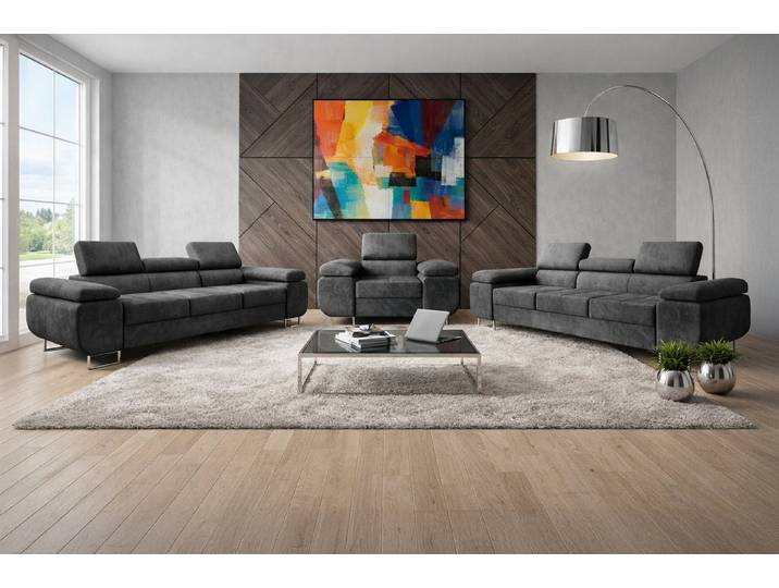 M-Punkt24 Polstergarnitur Sofa Wohnlandschaft DUBAI, (3-3-1, mit Bettfunktion, XL Sofa-Set, Bigsofa, Samt, Anthrazit, Grau), Bestehend aus 3-Sitzer mit Bettfunktion, Sessel