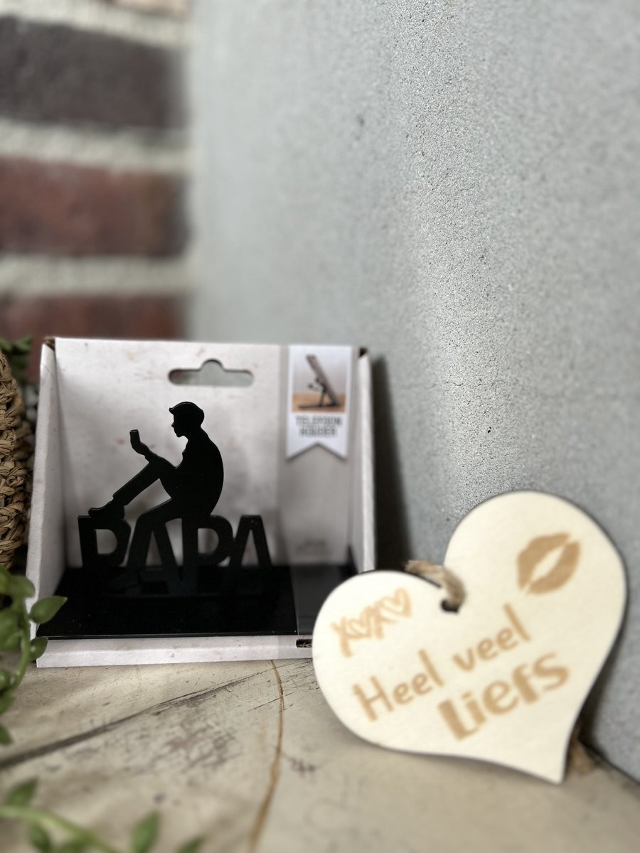 Creaties van Hier Telefoonhouder met houten hartje Papa Metaal