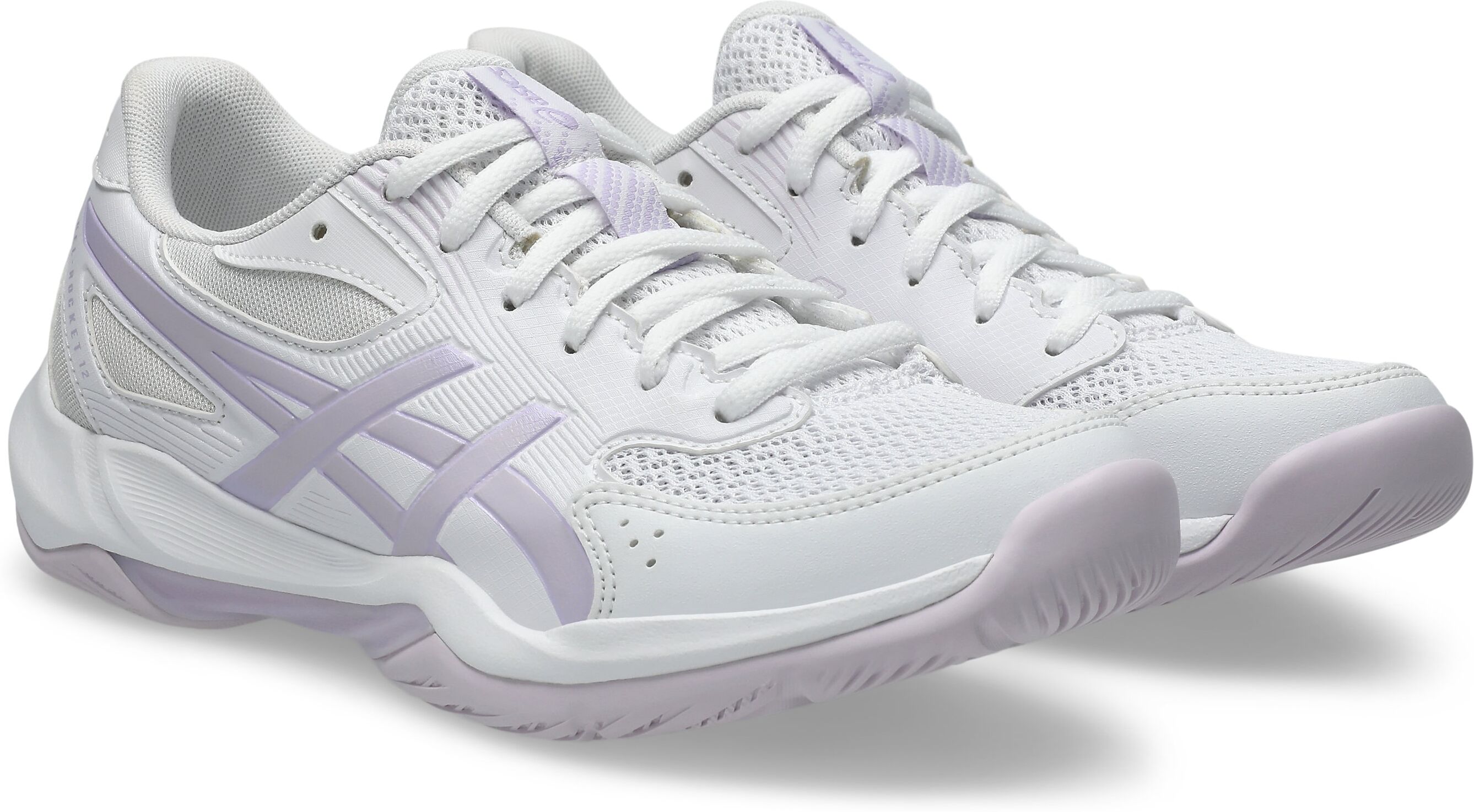 Hallenschuh ASICS "GEL-ROCKET 12", Damen, Gr. 38, lila (weiß, dahlia), Synthetik, Schuhe Hallenschuh, besonders geeignet für Handball und Volleyball weiß, dahlia 38