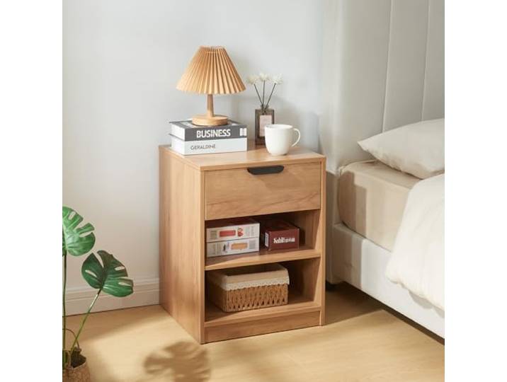 [en.casa] Nachttisch Varkaus Beistelltisch mit Schublade und 2 offenen Ablagefächern Nachtkommode Nachtschrank 55 x 43 x 40 cm Holz in Eichenoptik