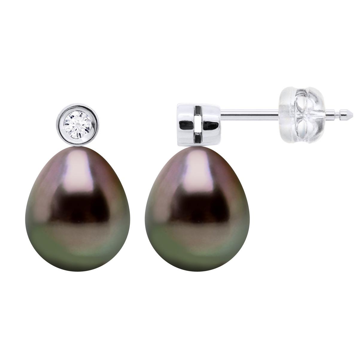 Oorbellen Prestige - Diamanten 0,02 ct - Wit Goud - Echte Gecultiveerde Tahiti Parels Parel 9-10 mm