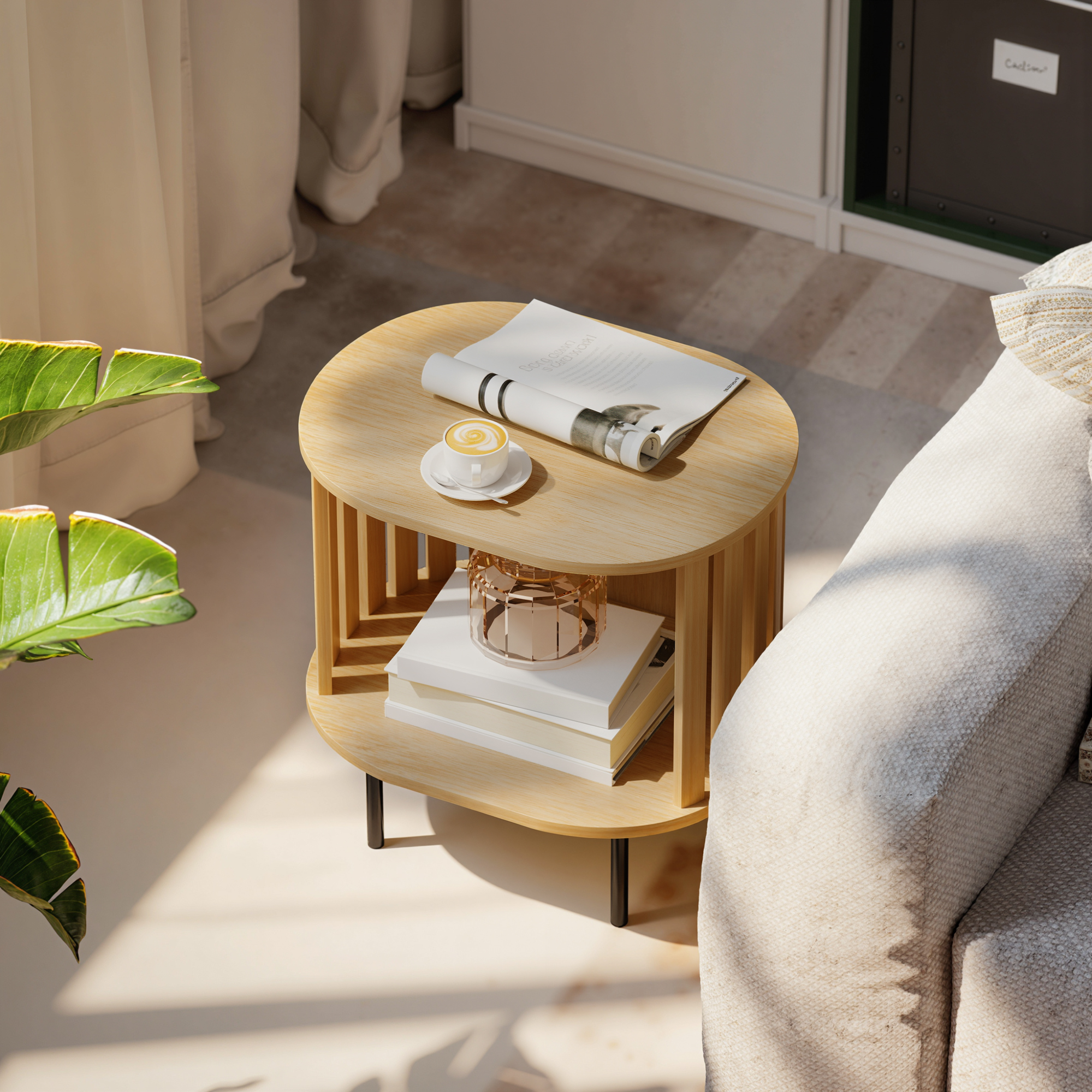 Homcom Tavolino da salotto ovale con vano aperto, gambe in acciaio, design a doghe 50x39x50cm Legno naturale   Aosom Italy