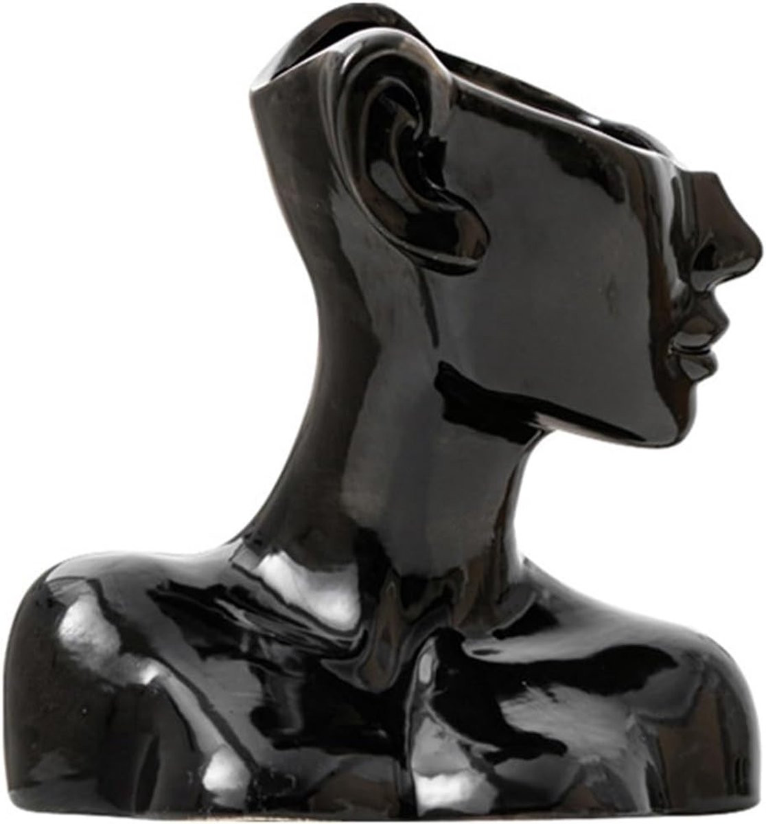 Decoratieve Keramische Vaas met Meisjesgezicht Sculptuur - Zwart
