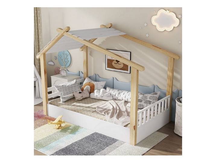 Flieks Kinderbett, Holzbett Einzelbett Hausdesign mit stabilen Lattenroste 90x200cm