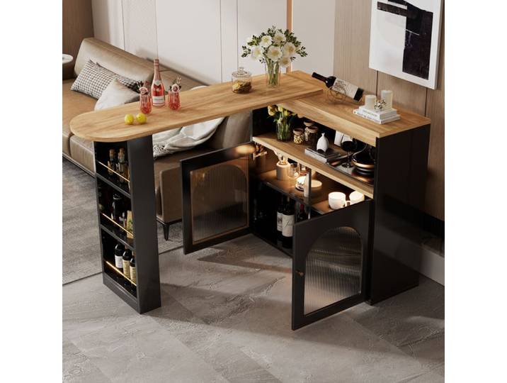 Table de Bar Moderne Rotatif de 360° avec Meuble de Rangement Bar LED Multicolore Plan de Travail en Bois Noir