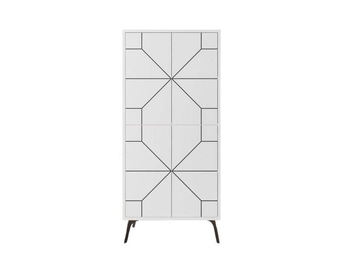 Calicosy Hoher Buffetschrank mit 4 weißen Türen und schwarzen Dekorationen H136 cm - Dune, Weiß, 35.6x136x62.6 cm, Kleinmöbel, Kommoden, Highboards