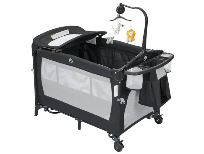 5-in-1 Baby-Spielbett mit Wickeltisch & Rollen, Laufstall & Reisebett Höhenverstellbar, Klappbar, inkl. Matratze, Musikmobile & Tragetasche, bis 15 kg, 109 × 69 × 75cm, Schwarz
