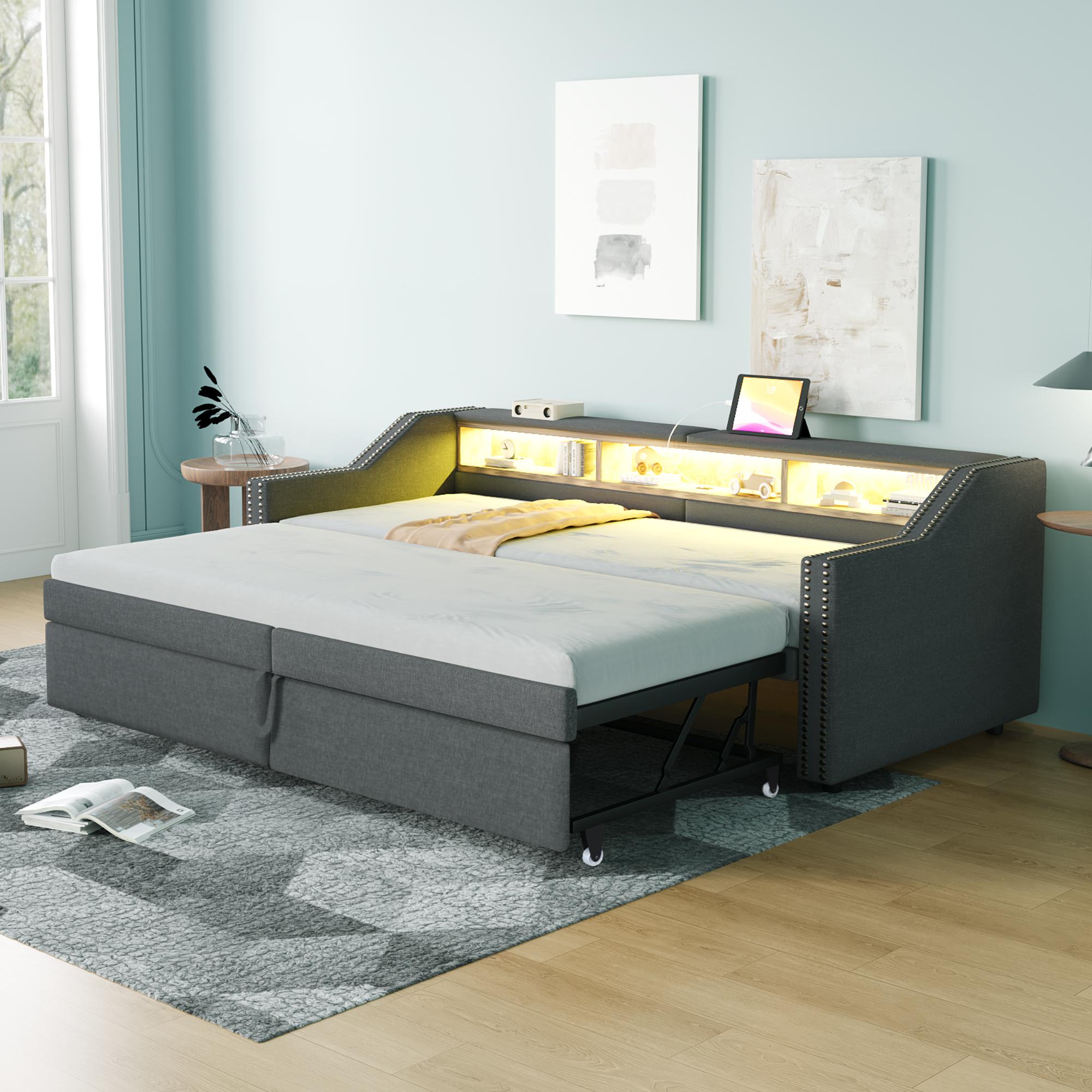 Gepolstertes Schlafsofa mit Ausziehfunktion 90/180x200cm (dunkelgrau): multifunktionaler Stauraum, LED-Beleuchtung + USB-Anschluss, Lattenrost