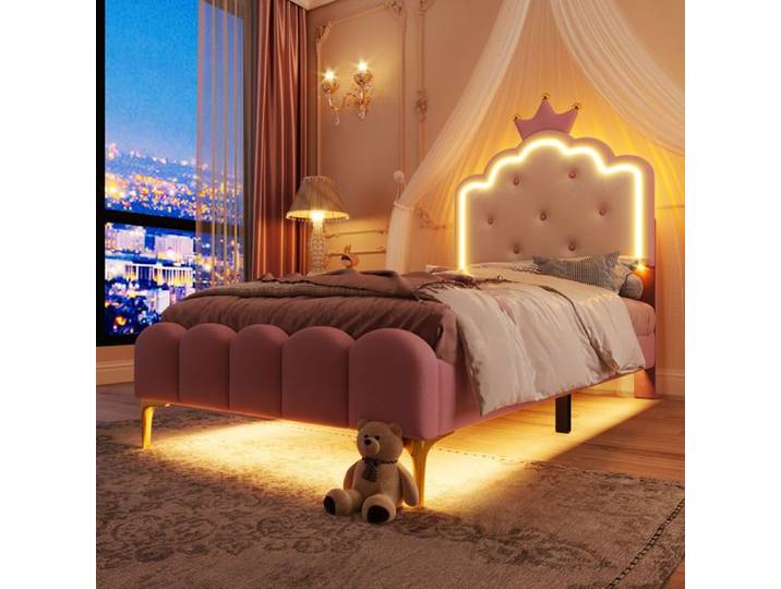 Luscriate - Lit enfant 90x200 cm lit simple avec LED design princesse PU pour fille - rose