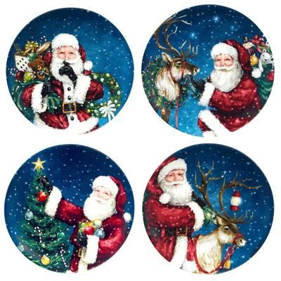 "Certified International Santa's Secret 9"" Salad/Dessert Plates, Set of 4 Assorted Designs - 9"" Diameter x 1"""