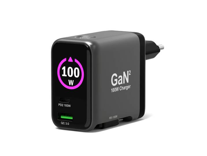 Port Connect Chargeur mural GAN² 100W avec écran - 1x USB-C et 1x USB-A + Câble rétractable USB-C / C - Noir