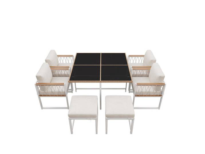 Komhtom Dining-Loungeset für 6 Personen，Weiß, Metall, Mode, quadratisch, Gartenmöbel, Gartengarnituren, Gartenmöbel-Sets