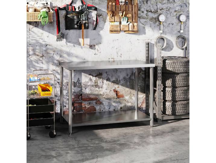 HOMCOM Établi Atelier Acier Inox 2 Étagères 120x60x86cm Argenté
