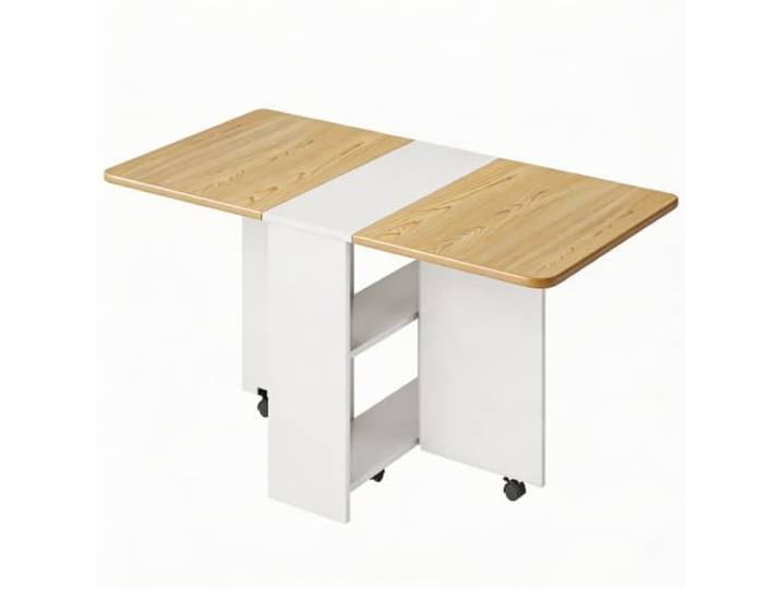 Hapterouse Klappbarer Esstisch Mit Stauraum Und Rollen Weiß 120x60x75 cm Spanplatte mit Holzoptik, 2 offene Ablagen, platzsparend und pflegeleicht, ideal für Küche, Esszimmer und kleine Wohnungen