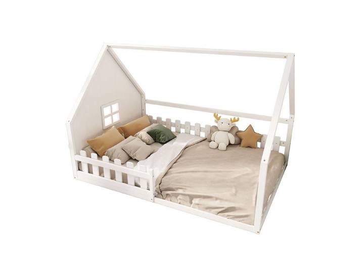 SOFTWEARY Hausbett mit Lattenrost (140x200 cm), Kinderbett mit Rausfallschutz, Kiefer