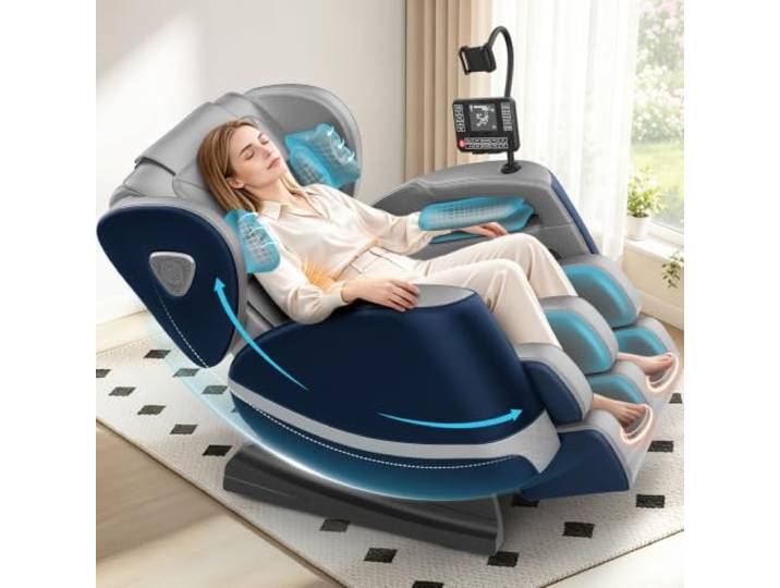 Ganzkörper Massagesessel mit Rollen & Airbags für Massage, Zero Gravity mit Bluetooth Lautsprecher und Touchscreen, Heizfunktion für Taille & Beine, mit Fußmassage für Hause/Büro (Blau + Grau)