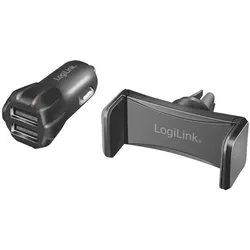 LogiLink USB Doppel Kfz Ladegerät + Smartphone Halterung im Set